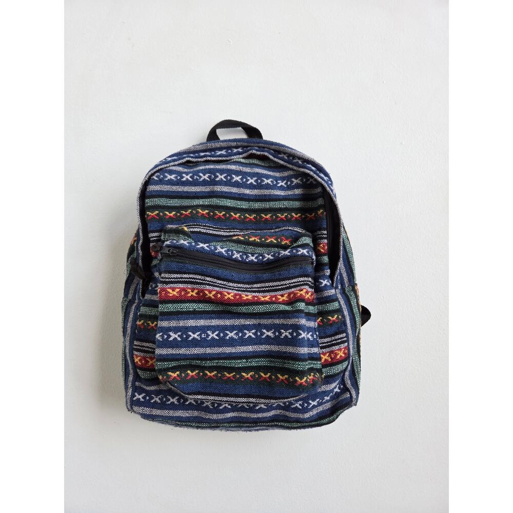 Vintage Blue Woven Backpack Southwestern Boho Festival Cotton Bag